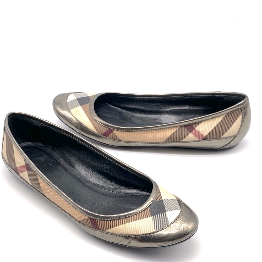 BURBERRY NOVA CHECK PEWTER GUNMETAL SILVER LEATHER BALLET FLAT SHOES 39.5 / 8.5